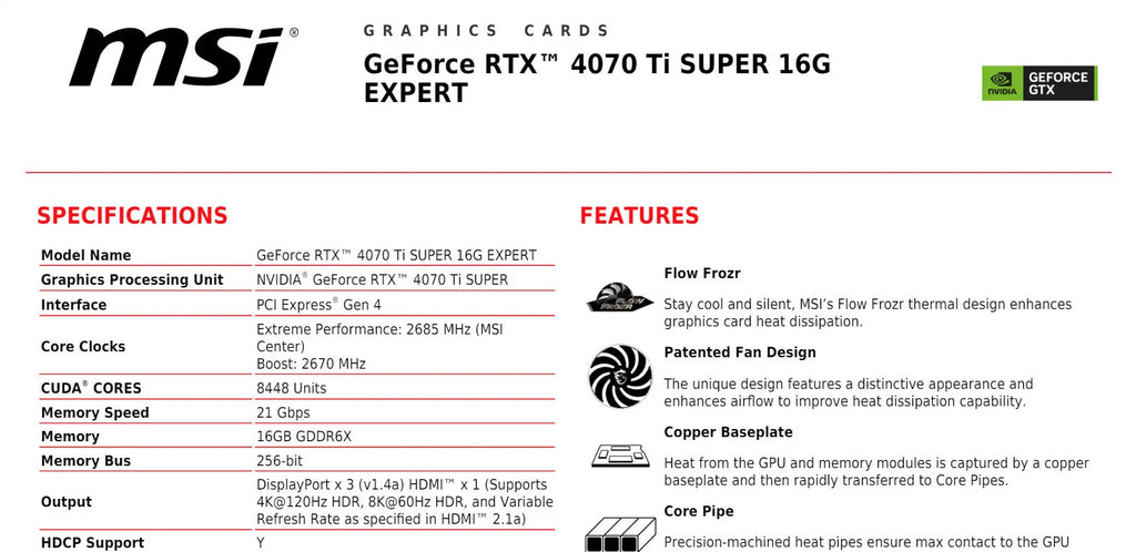 MSI Geforce RTX 4070Ti SUPER 16G EXPRET Gaming Video Card Specification