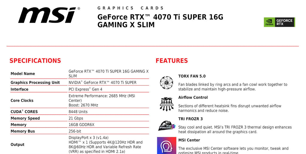 MSI Geforce RTX 4070Ti SUPER 16G GAMING X SLIM Gaming Video Card Specification