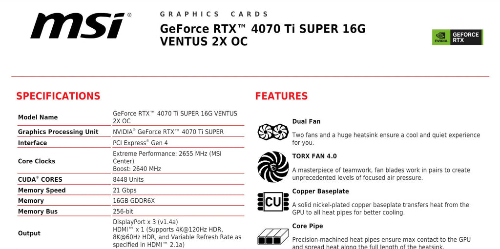 MSI Geforce RTX 4070Ti SUPER 16G VENTUS 2X OC Gaming Video Card