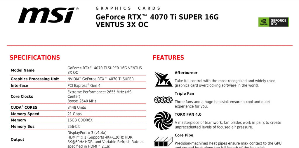 MSI Geforce RTX 4070Ti SUPER 16G VENTUS 3X OC Gaming Video Card Specificaiton