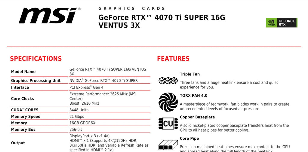 MSI Geforce RTX 4070Ti SUPER 16G VENTUS 3X Gaming Video Card Specificaiton