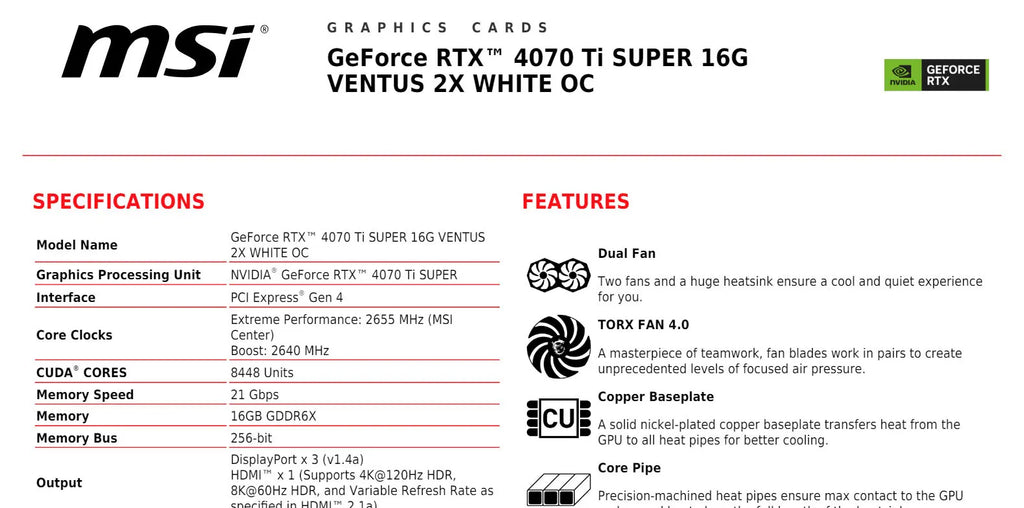 MSI Geforce RTX 4070Ti SUPER 16G VENTUS 2X WHITE OC Gaming Video Card Specification