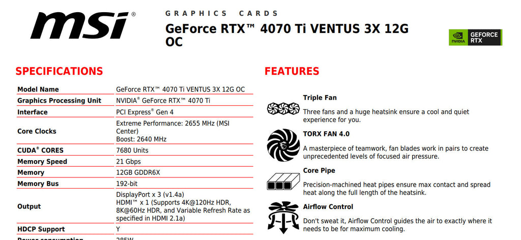 MSI Geforce RTX 4070Ti VENTUS 3X 12G OC Gaming Video Card Specification