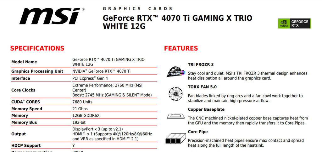 MSI Geforce RTX 4070Ti GAMING X TRIO WHITE 12G Gaming Video Card Specification