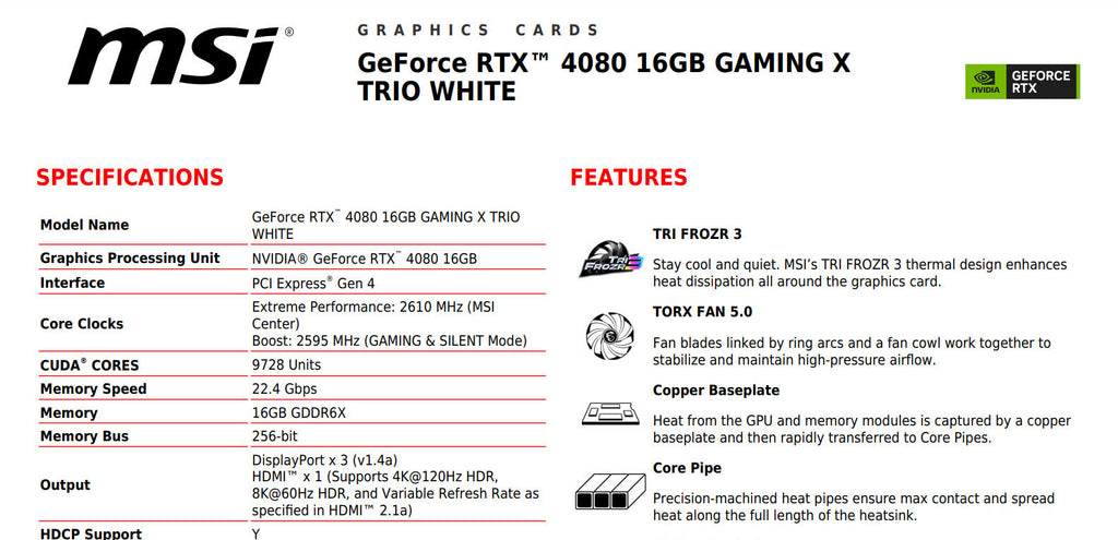 MSI Geforce RTX 4080 16G GAMING X TRIO WHITE Gaming Video Card Specification