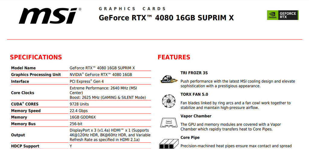 MSI GEFORCE RTX 4080 16GB SUPRIM X Gaming Video Card Specification