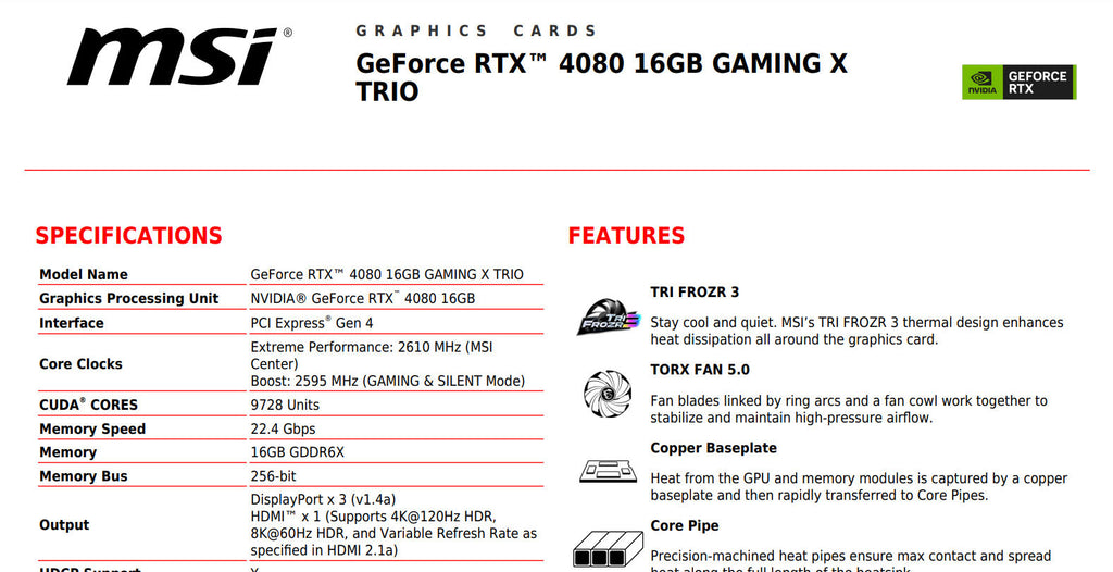 MSI GEFORCE RTX 4080 16GB GAMING X TRIO Gaming Video Card Specification