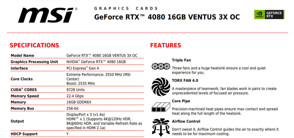 MSI GeForce RTX 4080 16GB VENTUS 3X OC Gaming Video Card Specification