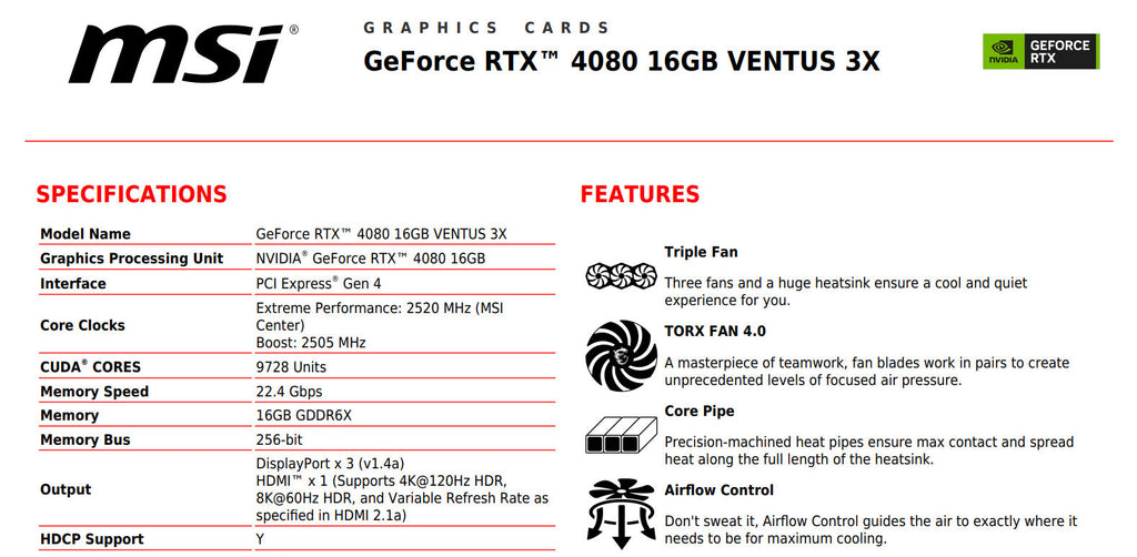 MSI GeForce RTX 4080 16GB VENTUS 3X Gaming Video Card Specification