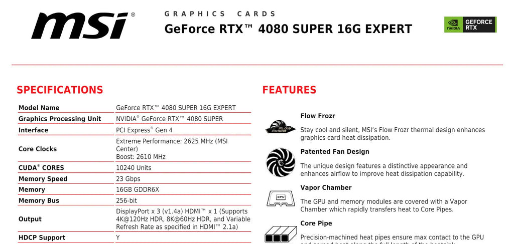 MSI Geforce RTX 4080 SUPER 16G EXPRET Gaming Video Card Specification