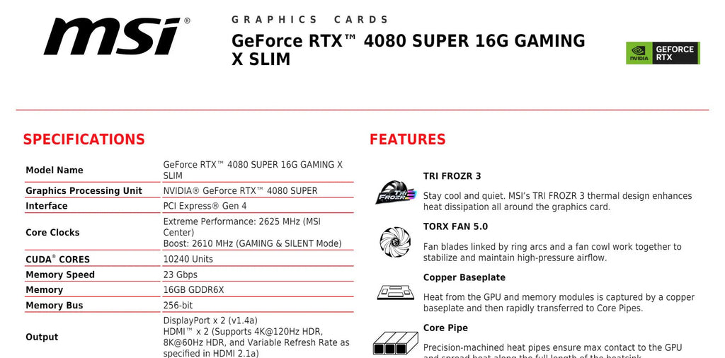 MSI Geforce RTX 4080 SUPER 16G GAMING X SLIM Gaming Video Card Specification