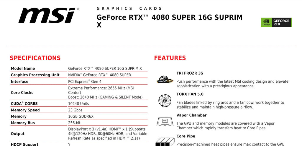 MSI Geforce RTX 4080 SUPER 16G SUPRIM X Gaming Video Card Specification