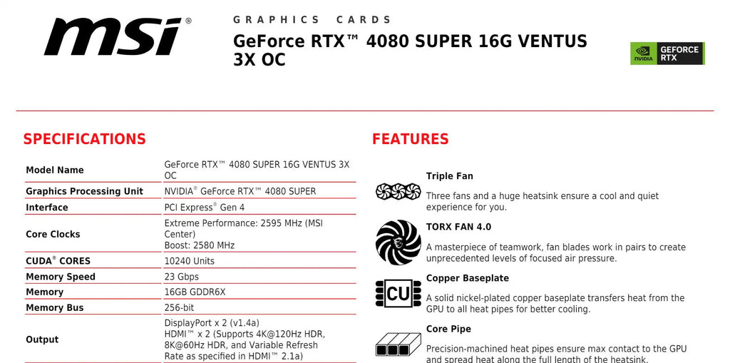 MSI Geforce RTX 4080 SUPER 16G VENTUS 3X OC Gaming Video Card Specificaiton