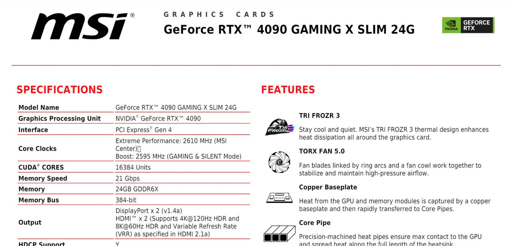 MSI Geforce RTX 4090 GAMING X SLIM 24G Gaming Video Card Specification