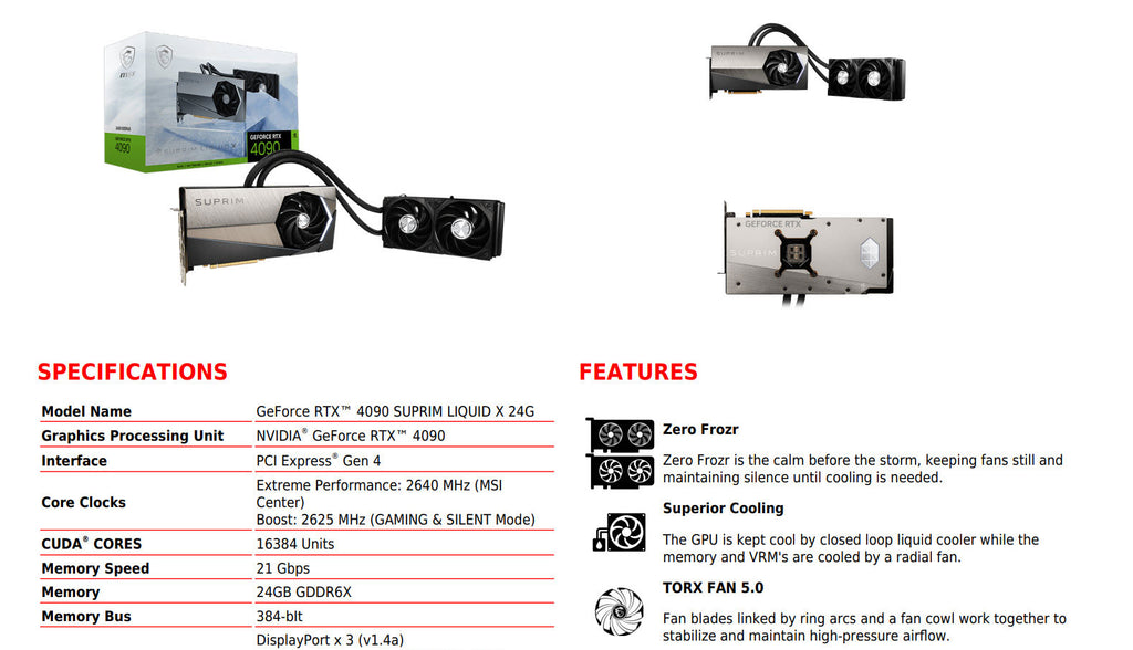 MSI GeForce RTX 4090 SUPRIM LIQUID X 24G Video Card Specification
