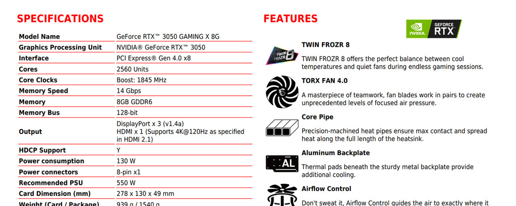 MSI RTX 3050 GAMING X 8G Gaming Video Card Specification