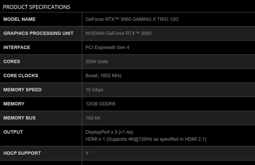 MSI RTX 3060 GAMING X TRIO 12G Gaming Video Card Specification