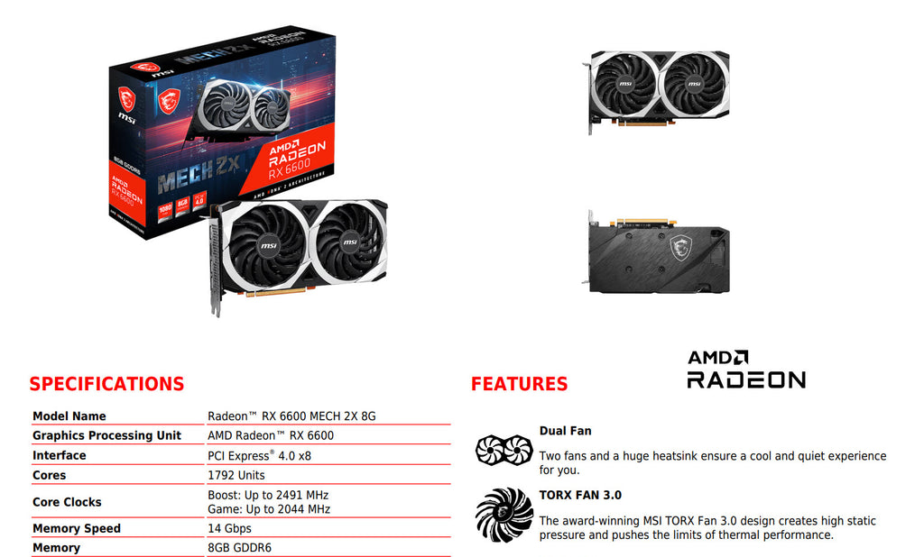 MSI Radeon RX 6600 MECH 2X 8G Gaming Video Card Specification