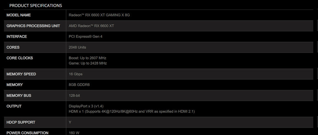 MSI Radeon RX 6600 XT GAMING X 8G Gaming Video Card Specification