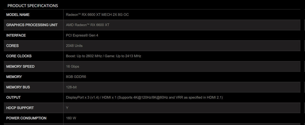 MSI Radeon RX 6600 XT MECH 2X 8G OC  Gaming Video Card Specification