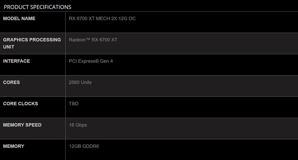 MSI Radeon RX 6700 XT MECH 2X 12G OC Gaming Video Card Specification
