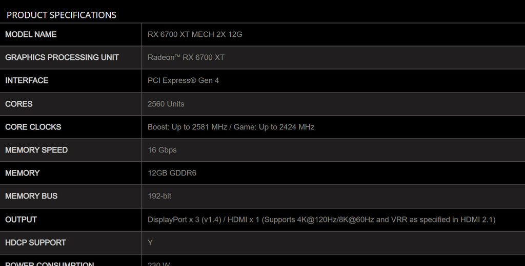 MSI Radeon RX 6700 XT MECH 2X 12G  Gaming Video Card Specification