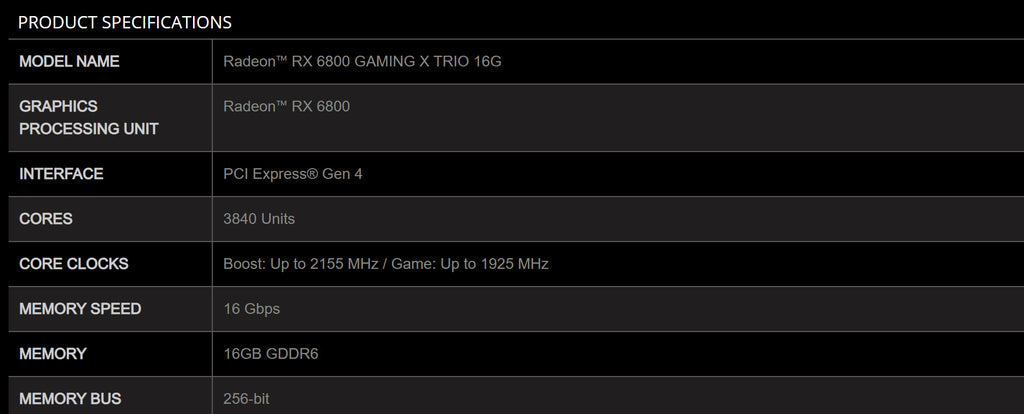 MSI Radeon RX 6800 GAMING X TRIO 16G Video Card Specification