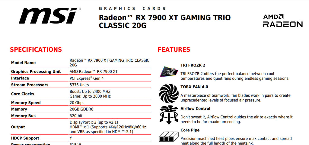 MSI Radeon RX 7900 XT GAMING TRIO 20G Gaming Video Card Specification