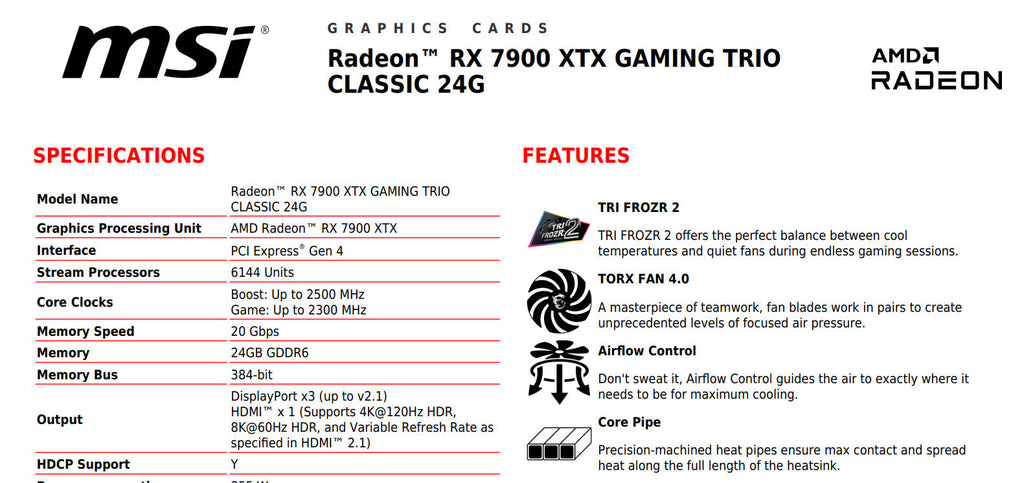 MSI Radeon RX 7900 XTX GAMING TRIO 24G Gaming Video Card Specification