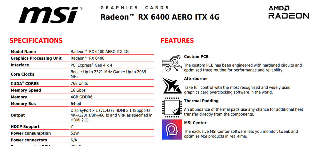 MSI Radeon RX 6400 AERO ITX 4G Gaming Video Card Specification