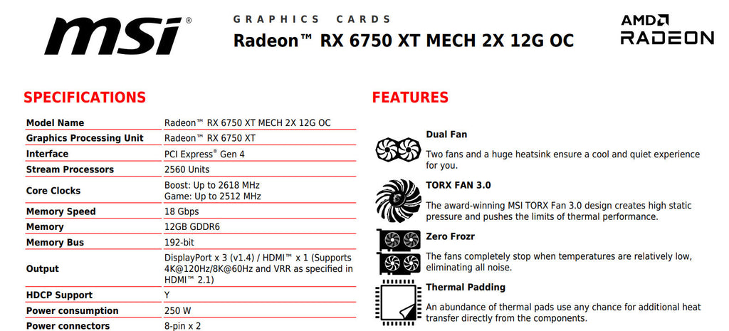 MSI Radeon RX 6750 XT MECH 2X 12G OC Gaming Video Card Specification