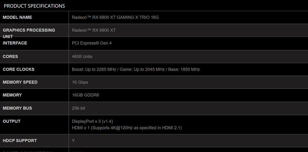MSI Radeon RX 6800 XT GAMING X TRIO 16G Gaming Video Card Specifiation