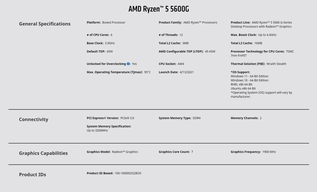 AMD RYZEN™ 5 5600G 6 Core Desktop CPU with Radeon Graphics Model: 100-100000252BOX Specification