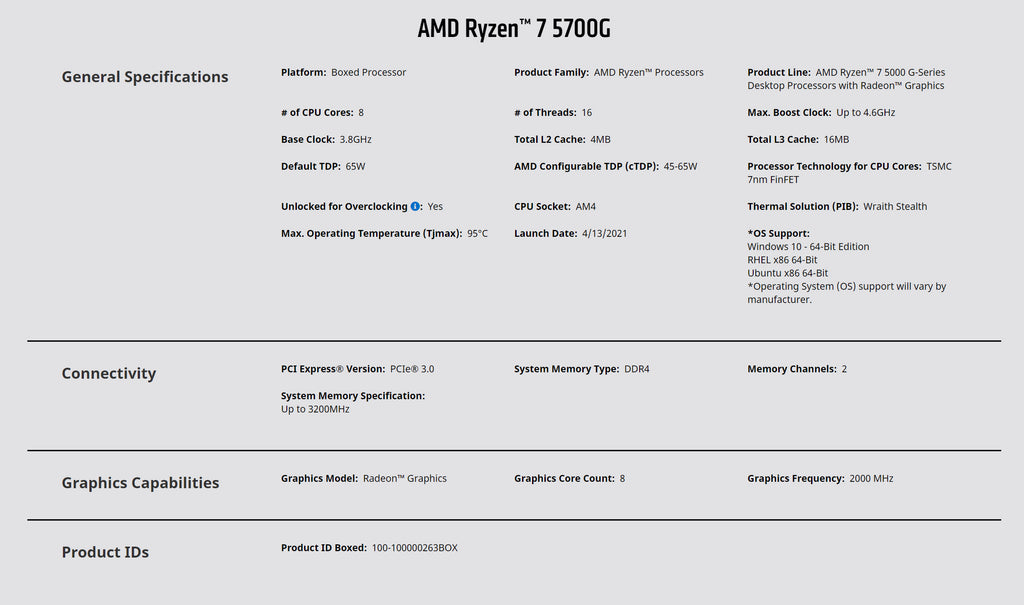 AMD RYZEN™ 7 5700G 8 Core Desktop CPU with Radeon Graphics Model: 100-100000263BOX Specification