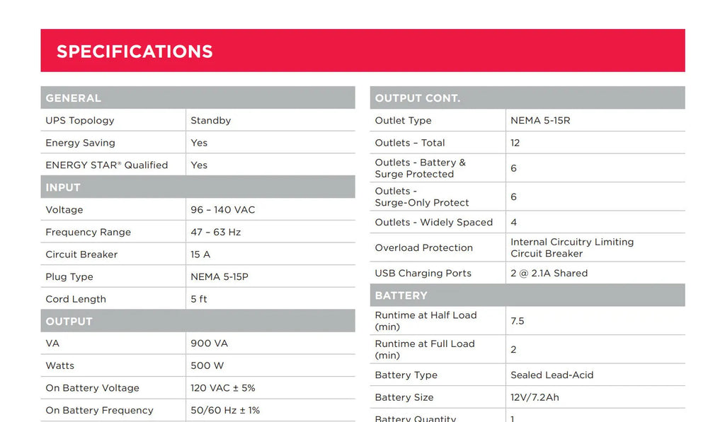 CyberPower 900VA 500W Compact UPS System Model: ST900U Specification