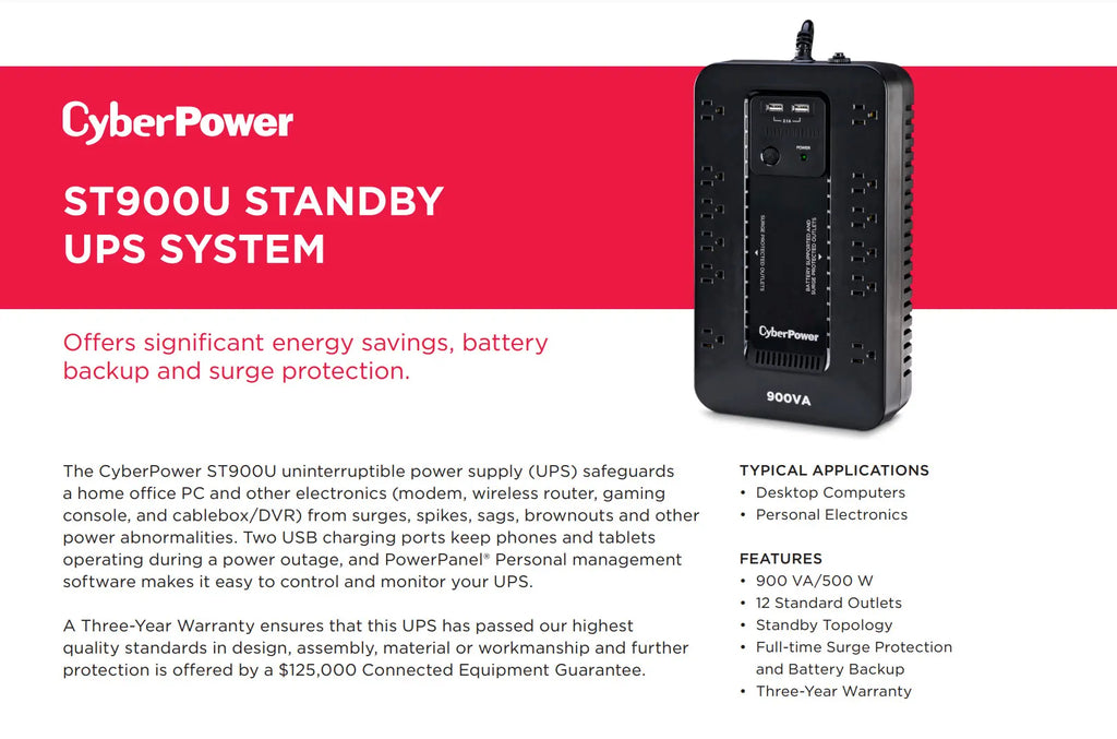 CyberPower 900VA 500W Compact UPS System Model: ST900U Description