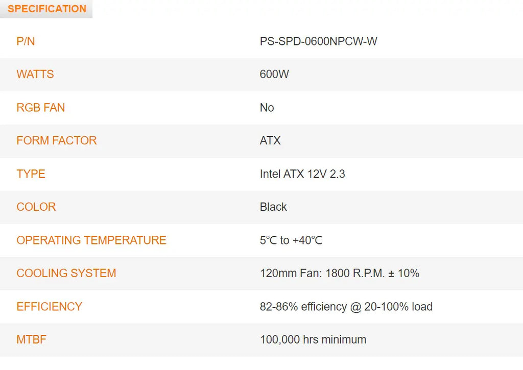 Thermaltake Smart 600 80 Plus 600W Power Supply  Model: PS-SPD-0600NPCWUS-W Specification