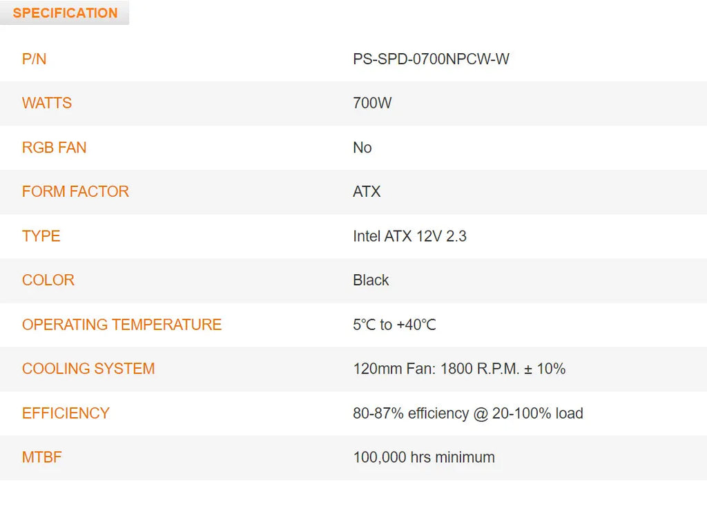 Thermaltake Smart 700 80 Plus 700W Power Supply  Model: PS-SPD-0700NPCWUS-W Specificaiton