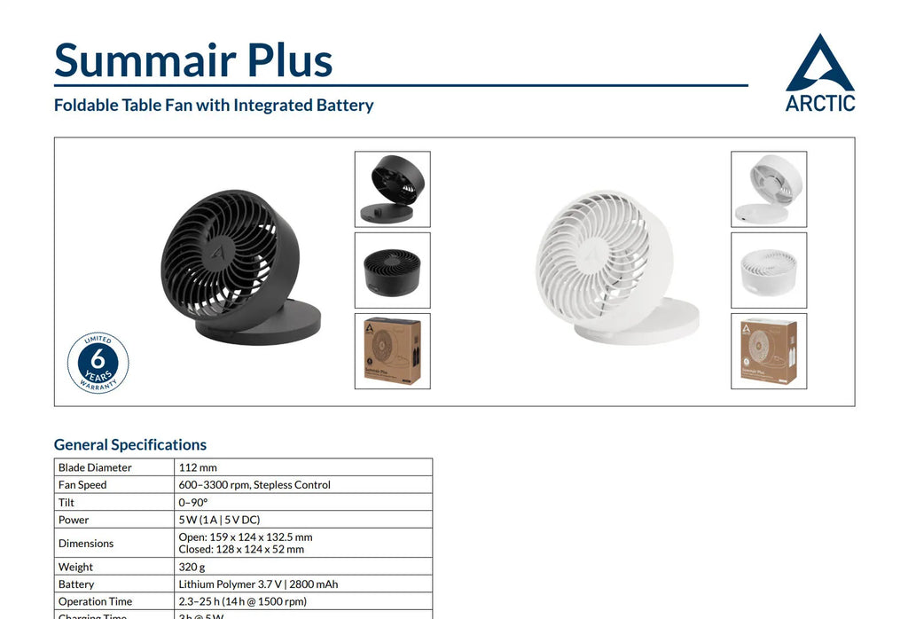 Arctic Summair Plus Foldable Desk Fan with Rechargeable Battery Specification