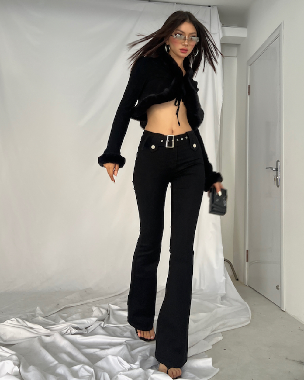 black square belt flared pants emo y2k