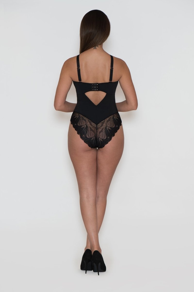 Black Lace Cup Hook And Eye Bodysuit, Tops