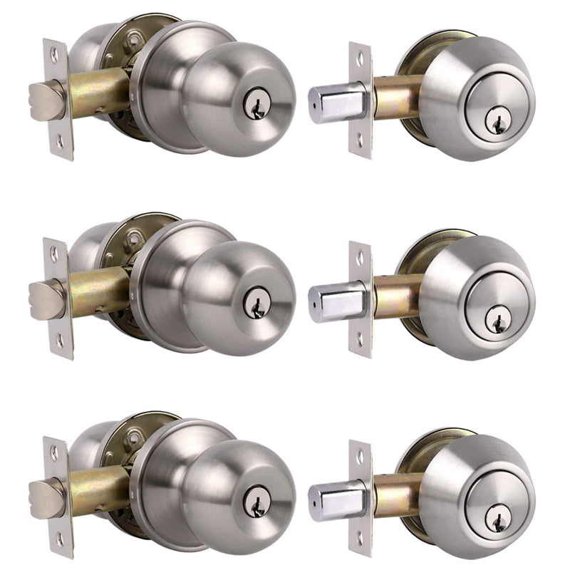 Probrico (3 Set) Entry Door Knobs and Double Cylinder Deabolt Lock Set with 