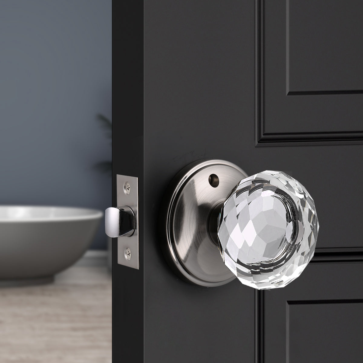 Modern Door Knob Set with Round Rose, Privacy Door Lock in Satin