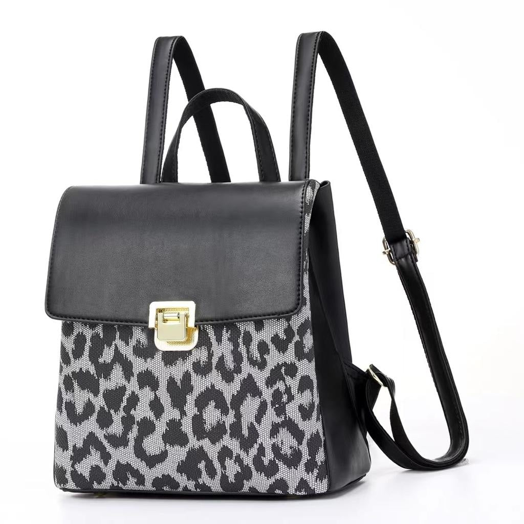 Rucsac negru piele eco cu imprimeu leopard gri Safari