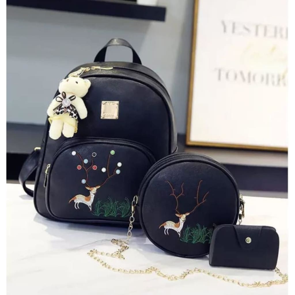 Set rucsac negru piele eco cu poșetuță și mini-portofel Deear