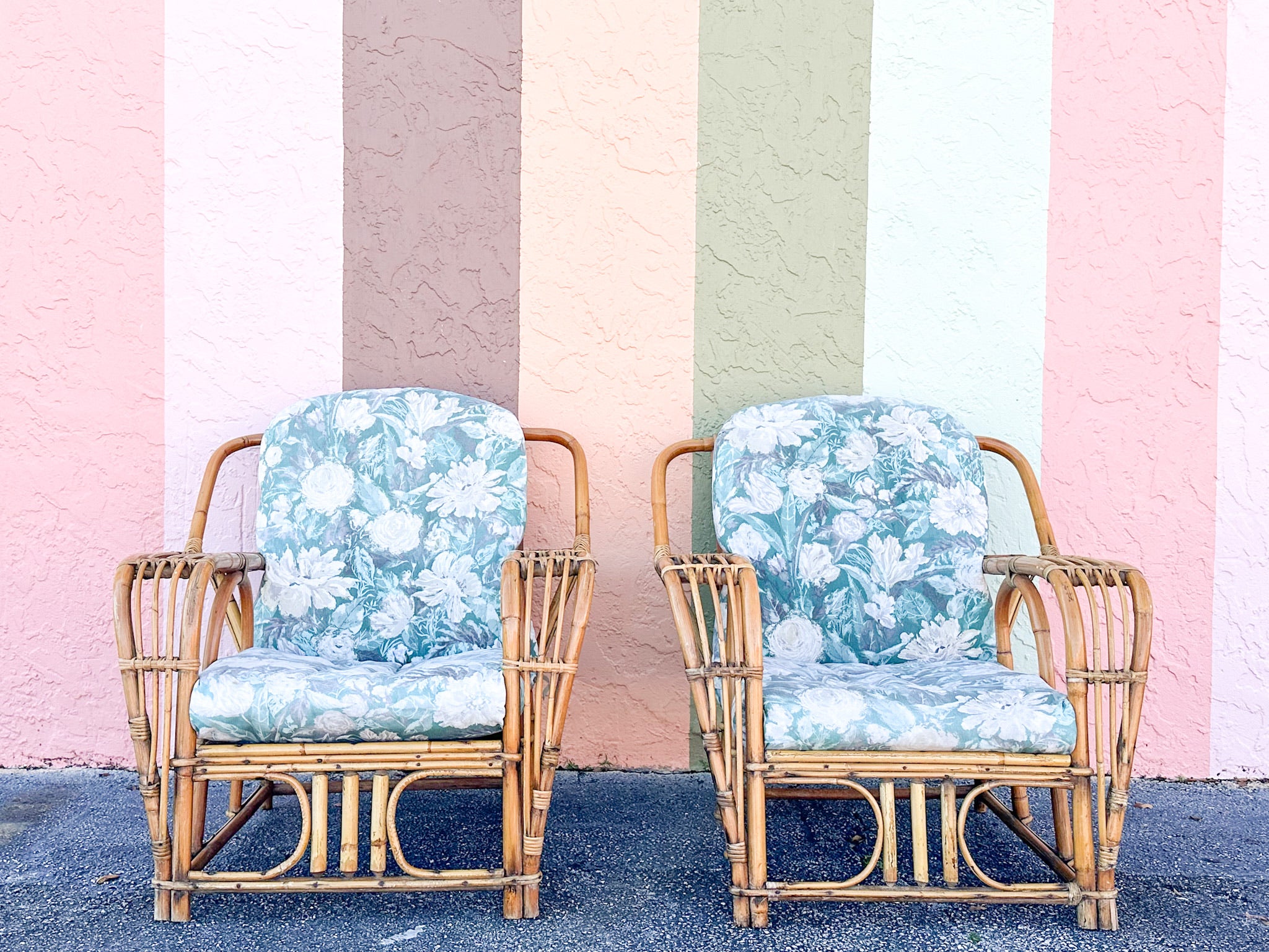 Pair of Old Florida Rattan Lounge Chairs