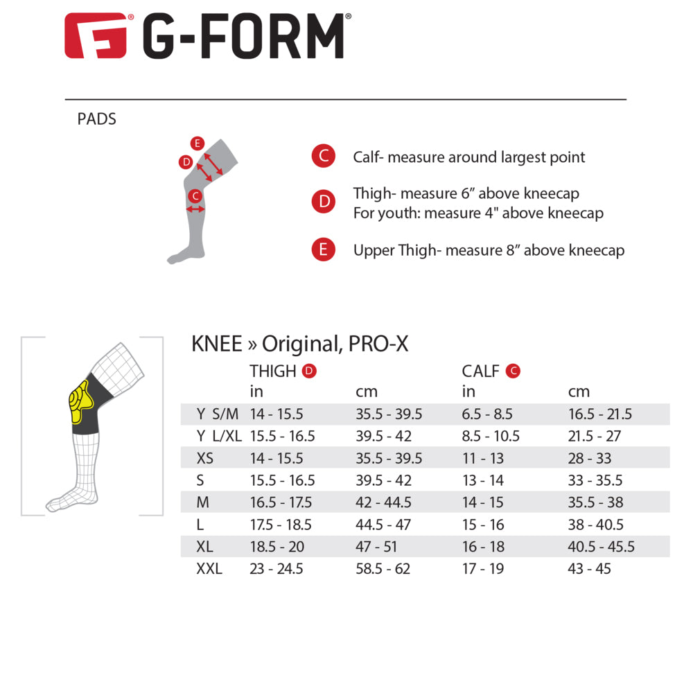 G Form Shin Guard Size Chart
