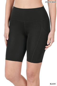 Athletic Wide Waistband Biker Shorts with Pockets - Black