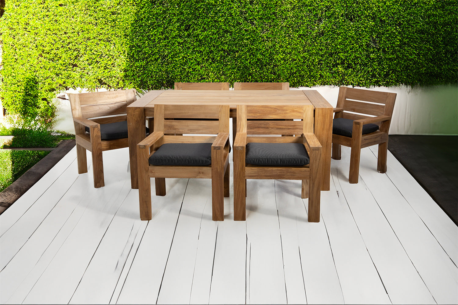 7 pc Pacific Teak Dining Set with 42" x 72" Rectangular Dining Table - 6x Arm