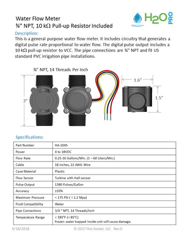 H2OPro Flow Meter with 10kOhm pull-up resistor